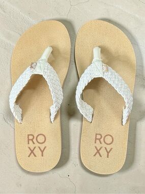 Roxy White Braided-Strap Flip Flops with Tan Footbed Size 7